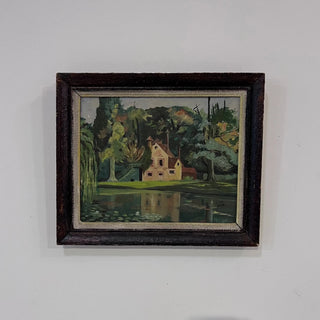 Signed French Cottage Painting in Oil 1953