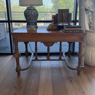 Small Antique French Writing Desk with Carved Stretchers