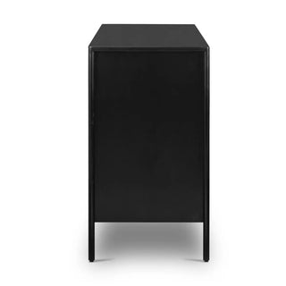 Side view of a black bronzed iron sideboard showcasing its slim metal frame and modern aesthetic.