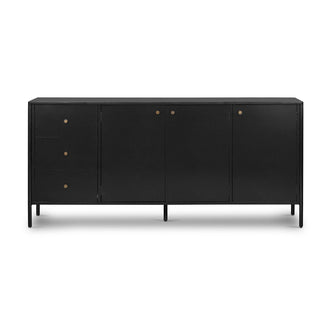 Front view of a modern black sideboard in bronzed iron with minimalist design and brass knobs.