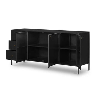 Black bronzed iron sideboard with doors open, revealing spacious storage compartments and shelves.