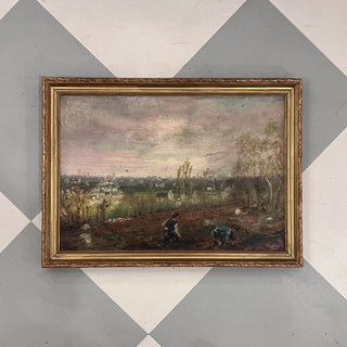 Spring Fields at Dusk – French Antique Oil on Canvas