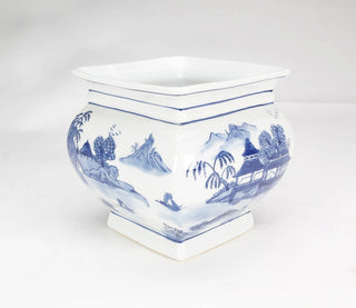 Square Porcelain Planter, Blue Pagoda Design