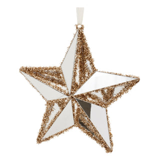 Decorative star ornament with gold glitter on a white background
