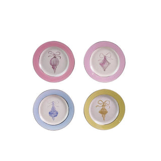 Four decorative plates with pastel-colored rims and central designs on a white background.