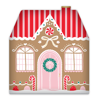 Gingerbread house-themed paper with red and white striped roof on a white background