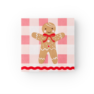 Napkin with a gingerbread man design on a pink and white checkered background