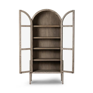 Display cabinet with doors open, revealing spacious wooden shelving inside.