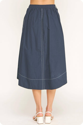 Top-stitch Relaxed Cotton Midi Skirt: Navy / L