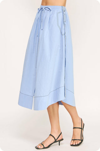 Top-stitch Relaxed Cotton Midi Skirt: Navy / S