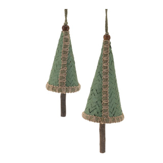 Two green woven tree-shaped ornaments on a white background