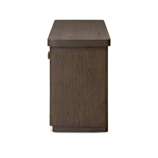 Side view of a rustic brown oak sideboard highlighting its sturdy construction and smooth edges.