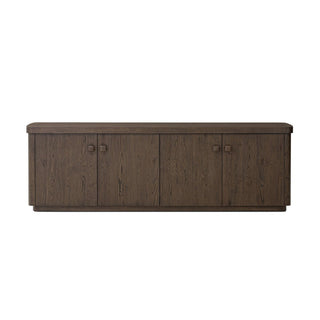 Front view of a rustic brown oak sideboard featuring four doors and a sleek, modern design.