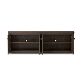 Rustic brown oak sideboard with doors open, revealing spacious interior shelving for storage.