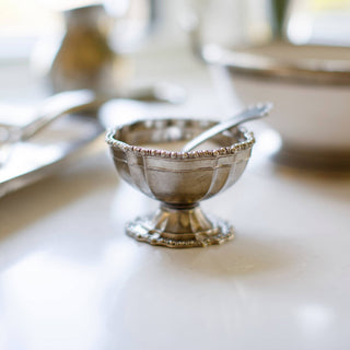 Vintage Beaded Pewter Salt Cellar with Spoon