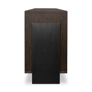 Side view of a modern black oak sideboard, highlighting its solid wood construction and sleek profile.