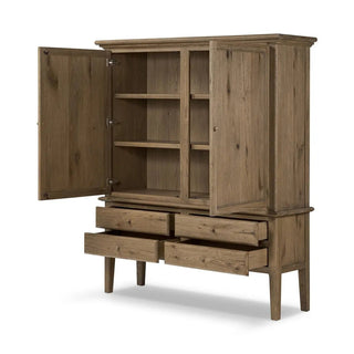 Worn oak cabinet with doors and drawers open, showcasing interior storage space.