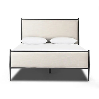 Front view of a modern queen-size upholstered bed with a black metal frame and soft linen fabric.