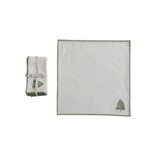 Cotton Napkins w/ Embroidered Tree & Edge, Natural & Green, Set of 4