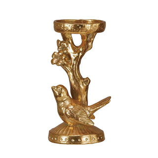 Resin Candle Holder w/ Bird & Branch, Gold Finish