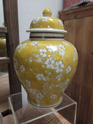 Yellow & White Ceramic Chinoiserie Jar 12"