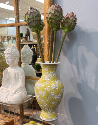 Yellow & White Ceramic Chinoiserie Vase 14"