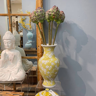 Yellow & White Ceramic Chinoiserie Vase 14"