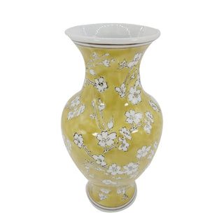 Yellow & White Ceramic Chinoiserie Vase 14"