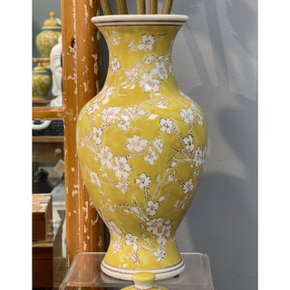 Yellow & White Ceramic Chinoiserie Vase 14"