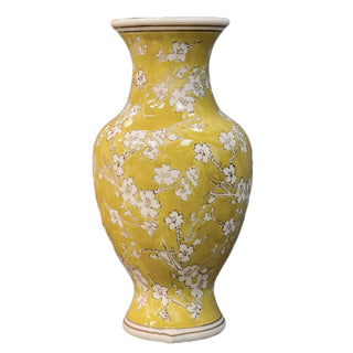 Yellow & White Ceramic Chinoiserie Vase 14"